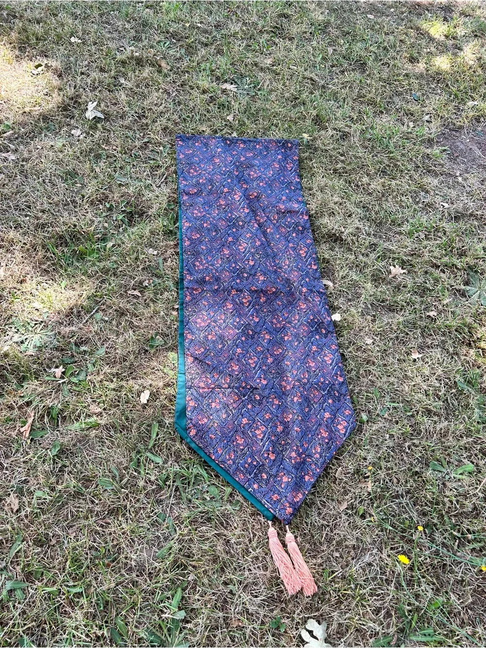 Handcrafted Floral Jacquard Table runner with Tassels of Peach